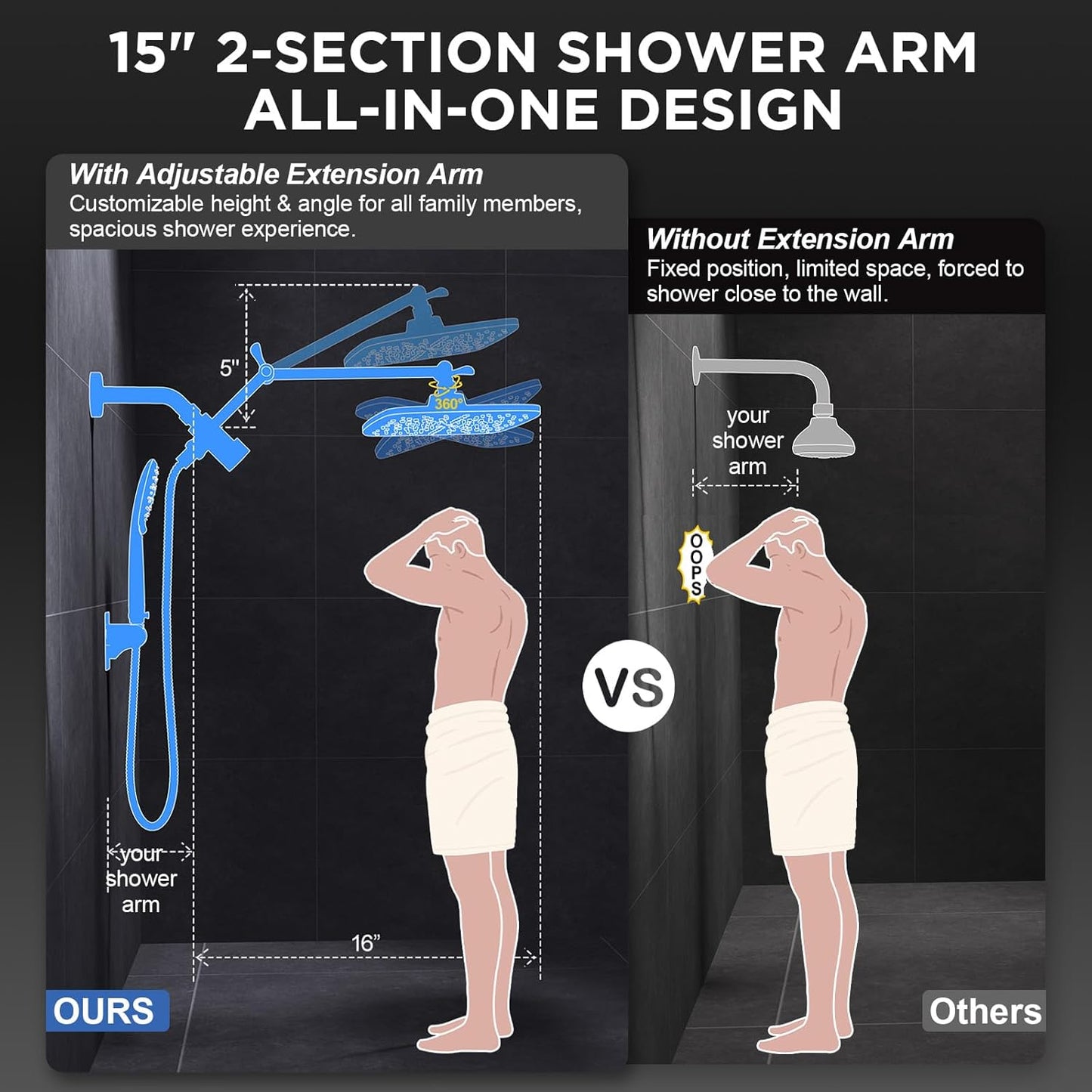 Veken Wide Rain Shower Head with 6 Modes Handheld Water Spray